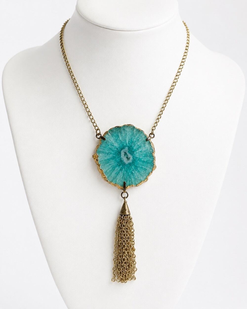 MELA ARTISANS NATURAL STONE SLICE PENDANT NECKLACE TURQUOISE GOLD TASSEL BOHO
